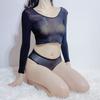 Roupa íntima sexy de seda oleosa com perspectiva transparente, conjunto de pijama com abertura no umbigo, tentação