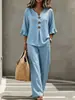 Conjunto de Dos Piezas para Mujer de Comercio Exterior Transfronterizo Europeo y Americano: Blusa Casual Nueva con Botones, Cuello en V, Volantes y Mangas de Tres Cuartos con Pantalones Largos