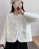 Cardigã estilo tweed de gola redonda, jaqueta de veludo vison imitação para mulheres, novo estilo outono e inverno 2025, top doce de ponta que rejuvenesce