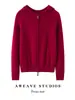 Cardigan com Capuz Tricotado 100% Caxemira Kang Sai Ni Feminino Zíper Duplo Casual Esportivo Casaco Suéter para o Dia a Dia