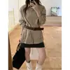 Camisa de Manga Larga con Cuello Solapa, Botones, Estilo Coreano Retro Otoño/Primavera, Holgada, Cuadros, Parches de Retazos con Volantes, con Cinturón