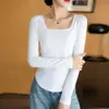 Camisa Base Blanca Cuello Cuadrado para Mujer Estilo Nuevo Primavera y Otoño Camiseta de Manga Larga Pura Deseo Ajustada Top para Clavícula