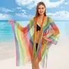 Blusa de Playa Bikini Especial Europeo y Americano Ropa con Abertura Dorada Verano Nuevo Malla Arcoíris Sexy Hueca Protector Solar