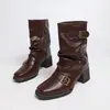 Comercio exterior transfronterizo talla grande nuevo estilo otoño e invierno 2026 botas apiladas para mujer con hebilla de cinturón, tacón grueso, punta cuadrada, plisadas de media pantorrilla, estilo equitación