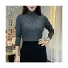 Nueva Camiseta Base de Manga Larga para Mujer Otoño e Invierno, Elegante y a la Moda, con Pedrería Resistente, Estilizadora, Cuello Semi-Alto, Ajuste Ceñido para Ocultar el Vientre