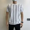 Camiseta de Tricô de Manga Curta para Homens, Seda de Gelo, Textura de Listras Verticais de Verão, Corte Justo, Estilo Old Money, Negócios, Atacado de Fábrica Transfronteiriço