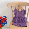 Conjunto de Verão Xadrez para Meninas, Nova Roupa Infantil Estilo Coreano, Conjunto de Duas Peças Elegante Sem Mangas com Shorts para Bebês no Verão