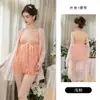 Chiffon Transparente Rosa Renda Borboleta Gravata Fenda Frontal Sexy Camisola Vestido de Noite Roupão Conjunto para Casa 7349