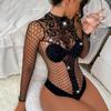 TZ123 transfronterizo para damas diamante caliente brillante encaje cuello ropa sexy ropa interior manga larga red ropa body lin