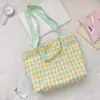 65159 Bolsa de Lona Xadrez Rosa e Branca com Alça Azul Clara, Estilo Casual para Passeio de Estudante, Bolsa de Ombro Artística