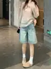 Shorts Jeans Retrô com Manchas de Tinta Selecionadas Cuidadosamente para Mulheres Verão 2026 Novo Cintura Alta Emagrecedor Reto Perna Larga Comprimento Médio