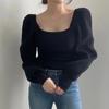 Suéter vintage elegante con cuello cuadrado y mangas abullonadas de punto de color liso para mujer, otoño e invierno, cálido, de manga larga, con cintura adelgazante
