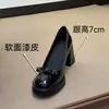 Combine com novos sapatos de outono de bico baixo Bai 2026 saltos altos com laço salto grosso sapatos pequenos de couro saia francesa