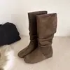 Botas de Montar de Gamuza Retro de Caña Alta para Mujer 2026 Otoño/Invierno Nuevas Botas Versátiles Arrugadas Apiladas Suela Plana Botas Vaqueras Tela