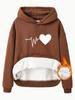 Suéter feminino transfronteiriço outono e inverno feminino bolso canguru com capuz manga longa forrado com fleece grosso estampa de coração amor amor atacado