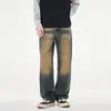 Jeans retro americano desgastado 2026 para homens, calças retas casuais vibe high street, calças da moda marca tingidas de barro amarelo