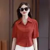 Camisa de Verano Estilo Chino Holgada Color Sólido Versátil Camisa Elegante Manga Media Cubre Vientre Top Abotonado Camisa de Mujer