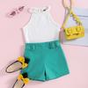 Conjunto de calças de verão para meninas de comércio exterior transfronteiriço, moda, top sem mangas com gola, shorts de duas peças em estoque, atacado