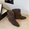 Botines de suela gruesa para mujer estilo Western de mezclilla piel suave 2026 punta fina otoño pliegues hebilla retro apilados