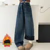 Pantalones Vaqueros Rectos de Pierna Ancha Estilo Coreano Nuevos Versátiles con Forro de Terciopelo para Niñas Invierno 2026 Pierna de Tijera Niños Medianos y Grandes Pantalones Largos Pantalones de Piso