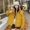 Foto real nova jaqueta de plumas feminina curta nuvem fofa com capuz quadrada estilo coreano solta tamanho plus size algodão plumas casaco feminino