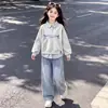 Estilo Coreano Versátil Moderno Bloque de Color Rayas Patchwork Cuello Polo Falso Dos Piezas Top Conjunto de Pantalones Vaqueros Estilo Coreano