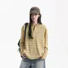 Camiseta de punto de manga larga con cuello polo a rayas estilo coreano, unisex, diseño de otoño, nicho, corte holgado, versátil, casual