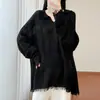 Suéter de Punto Nuevo Otoño/Invierno 2026 Lana Pura Cuello en V Manga Larga Color Sólido Holgado Borla Deshilachada Top de Lana