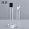 Botella de loción de 150 ml, transparente, de PET, con tapa negra, para cosméticos, de hombro plano y cilíndrica, para maquillaje y tónico.