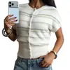 Suéter Feminino 2026 com Toque de Luxo, Blusa Listrada de Verão Curta de Botão Único com Gola Redonda, Cardigã de Tricô de Manga Curta