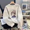Moletom Cinza Cartoon Gola Redonda Feminino Outono 2026 Novo Solto Tamanho Grande Pequeno Top Feminino