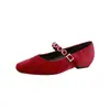 Zapatos de Piel de Oveja Estilo Francés de Punta Cuadrada Pequeña, Escotados, de Tacón Alto con una Sola Tira de Pedrería, Zapatos Mary Jane de Gamuza de Tacón Bajo para Mujer, Primavera y Otoño