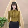 Camisa de Veludo Dupla Face com Babados e Manga Longa para Mulheres, Nova Coleção Outono e Inverno, Corte Solto, Cor Sólida que Cobre a Barriga, Camisa Térmica Base