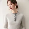 Suéter de Punto Cálido con Botones del Mismo Color, Cuello Redondo, Bloques de Color Estilo Coreano, Manga Larga, Abertura en el Dobladillo, para Mujer, Cachemira