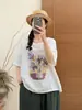 Verão Novo Estilo Camiseta Pulôver de Gaze de Algodão Dupla Camada Estampada Redutora de Idade Solta e Versátil Top Casual Atacado