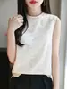 Top sin mangas bordado con ribete de encaje, dulce y juvenil, para mujer, perfecto para capas en primavera y verano