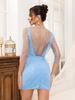 Nuevo Vestido Transfronterizo para Mujer con Cuello en V, Manga Larga y Cintura Ajustada, Malla Transparente, Sexy, Lentejuelas, Corto, Estilo Europeo y Americano