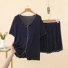Conjunto de duas peças novo de verão, solto, casual, de modal, com babados, decote V, manga curta e shorts, com estampa de bolinhas pequenas, para casa