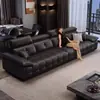 Sofá Minimalista Laurence de Cuero Genuino Estilo Nuevo Italiano Respaldo Arte en Cuero Fila Recta Sala de Estar Apartamento Pequeño Sofá de Cuero Madera