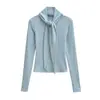 Camiseta Feminina Manga Longa Gola Meia-Alta Renda Estilo Coreano Puro Desejo Cadarço Versátil Slim Fit Emagrecedor Top Básico