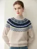 Suéter Jacquard Fair Isle 100% Cachemira Pura para Mujer, Invierno Cuello Medio Tejido Holgado Pulóver, Estilo Casual Vintage