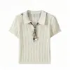 Atuendo Estilo Old Money: Corbata de Bufanda de Seda Francesa, Solapa Hueca, Camiseta de Punto de Manga Corta para Mujer, Top Corto Holgado de Verano