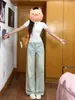 Pantalones de Mezclilla Lavada Pierna Ancha Cuatro Estaciones para Mujer Verano Delgados de Cintura Alta Pierna Recta Pantalones Largos hasta el Suelo para Personas Bajitas