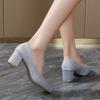 Verano 2023 nuevo estilo coreano boca baja punta afilada tacón grueso tacón medio versátiles zapatos de una sola capa para mujer zapatos de club nocturno trabajo
