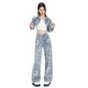 Plus Size Vintage Estilo Nacional Flor Calça Jeans Perna Larga Feminina Outono Nova Lavada Cintura Alta Solta Calça Reta Slimming
