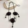 Colar Gargantilha Choker Corrente Clavícula Preto com Pingente de Renda e Franja de Princesa Halloween Vintage Escuro