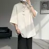 Chaqueta de camisa jacquard abotonada estilo chino de verano, elegante, con tapeta diagonal, camisa de seda helada de manga corta, corte holgado para hombre