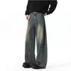 Calça jeans larga estilo americano para homens, lavagem desgastada, corte reto, caimento solto, moda de rua, moderna, calça comprida casual