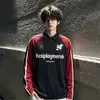 Camiseta polo de manga larga para hombre estilo jersey retro americano, camiseta de otoño con estampado de letras y patchwork, sudadera de bloque de color con hombros normales