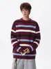 Suéter Masculino Gola Redonda Listrado Color Block Retrô Americano Outono Tendência Marca Texturizado Preguiçoso Casual Tricô Top